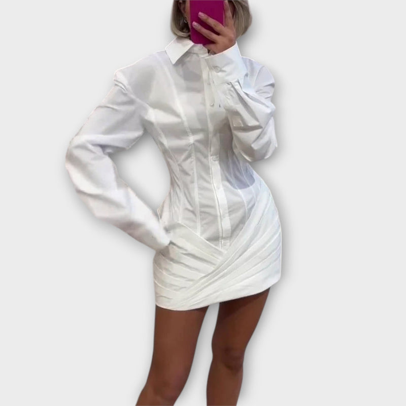 Paula | Vestido midi plisado blanco de manga larga