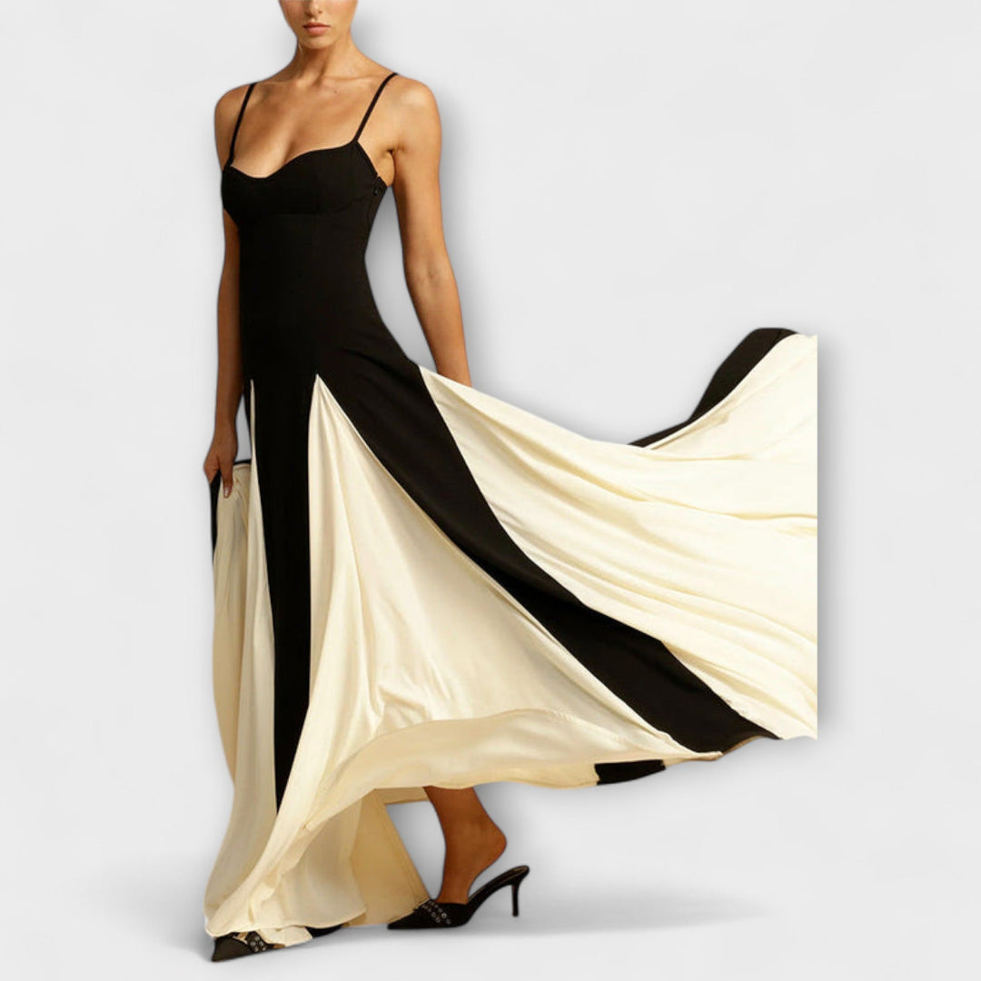Nuria | Vestido maxi en A con paneles de tul