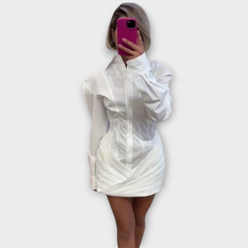 Paula | Vestido midi plisado blanco de manga larga