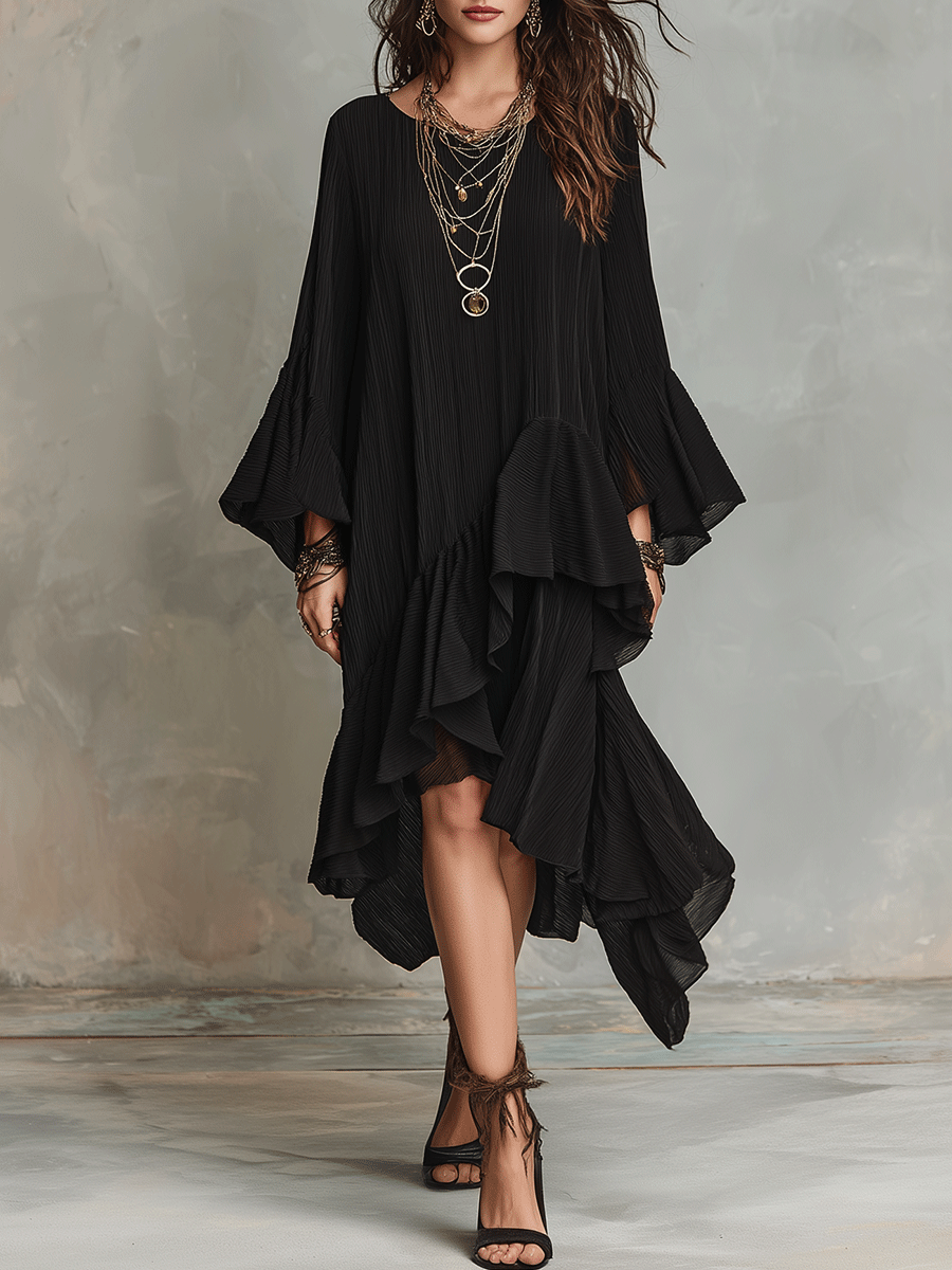 Lucila | Vestido midi negro con bajo asimétrico