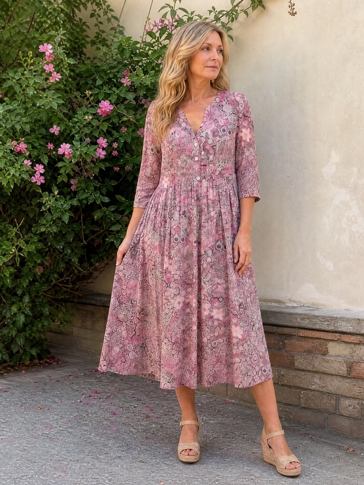 Eugenia | Vestido midi con flores pequeñas en beige