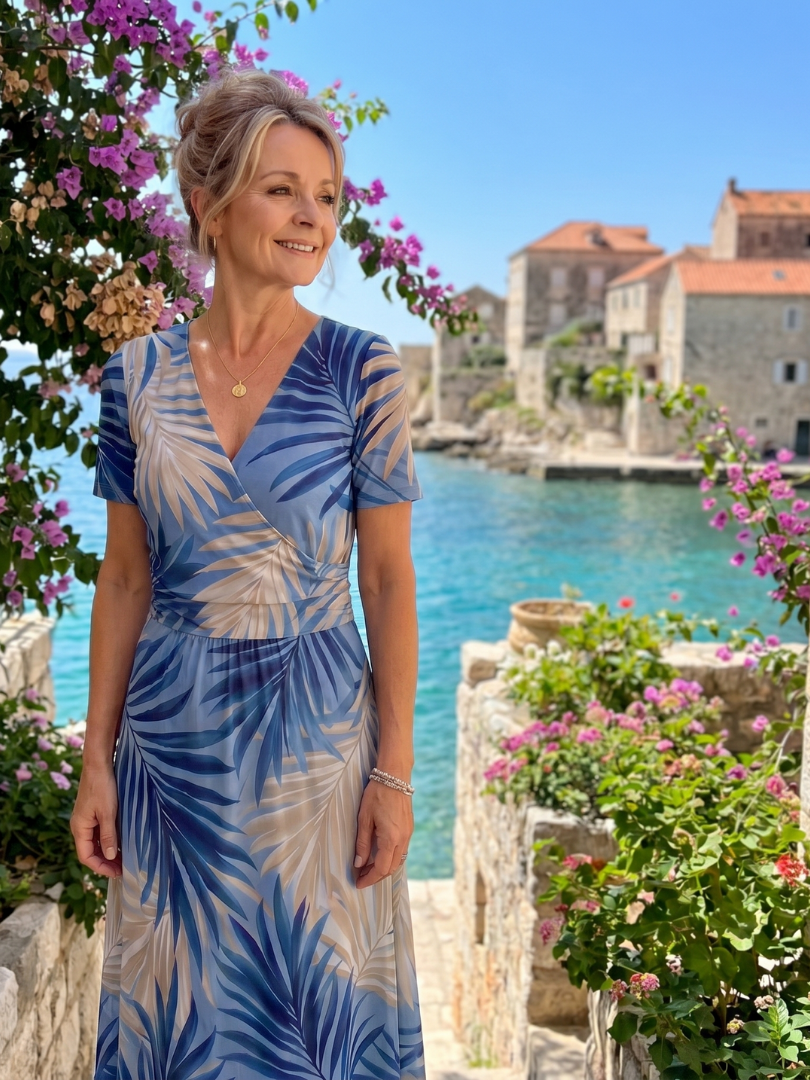 Esperanza | Vestido midi con flores sobre azul claro