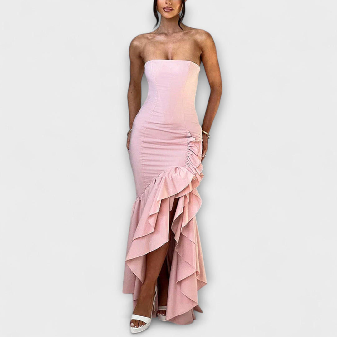 Mar | Vestido maxi con hombros descubiertos y bajo asimétrico