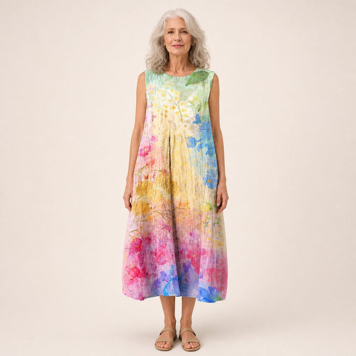 Amparo | Vestido midi sin mangas con acuarela en pastel
