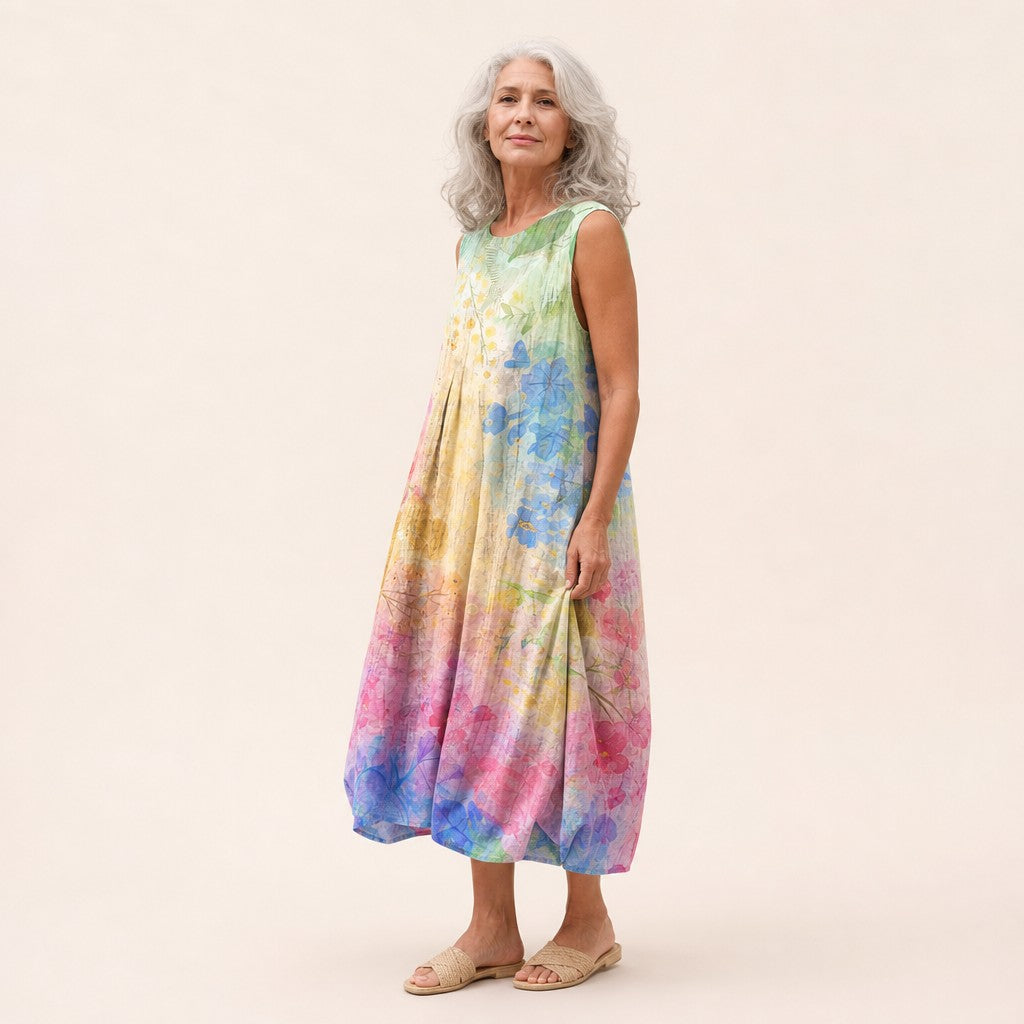 Amparo | Vestido midi sin mangas con acuarela en pastel