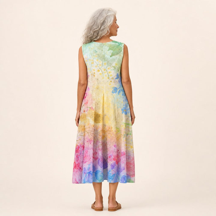 Amparo | Vestido midi sin mangas con acuarela en pastel