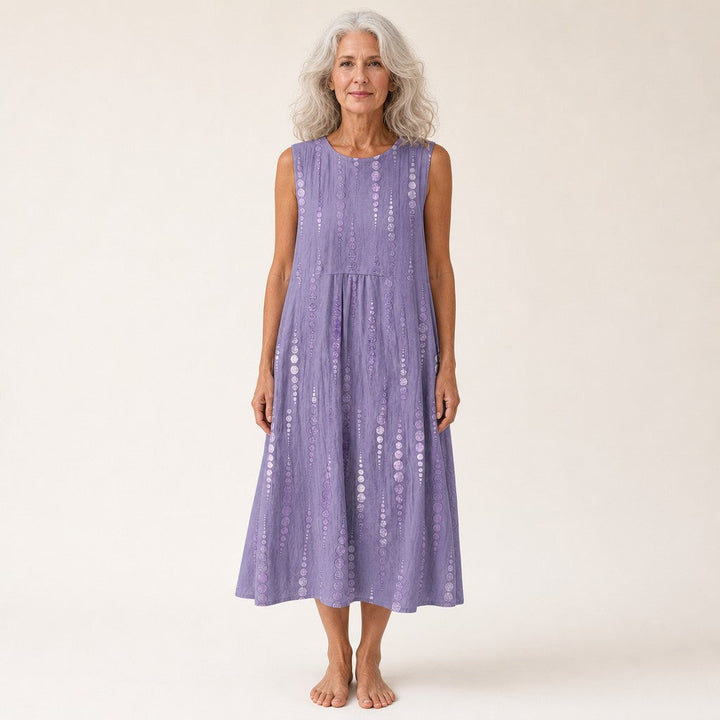 Carmen | Vestido midi sin mangas en lila con bandas de puntos