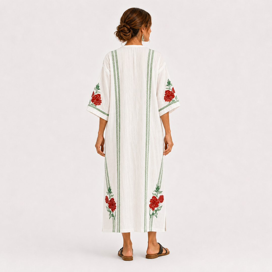 Beatriz | Caftán blanco con estampado de rosas