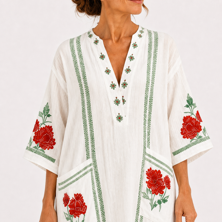 Beatriz | Caftán blanco con estampado de rosas
