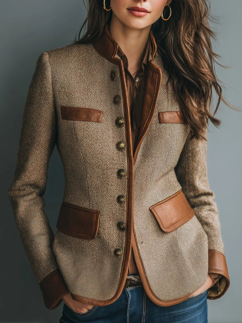 Carmen | Chaqueta vintage de tweed de espiga con ribetes efecto piel