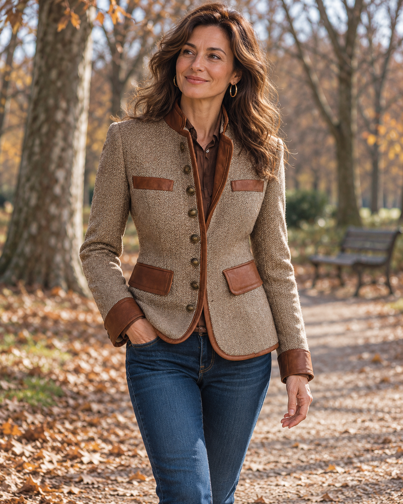 Carmen | Chaqueta vintage de tweed de espiga con ribetes efecto piel