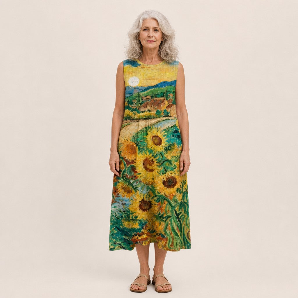 Amaya | Vestido midi sin mangas con campo de girasoles