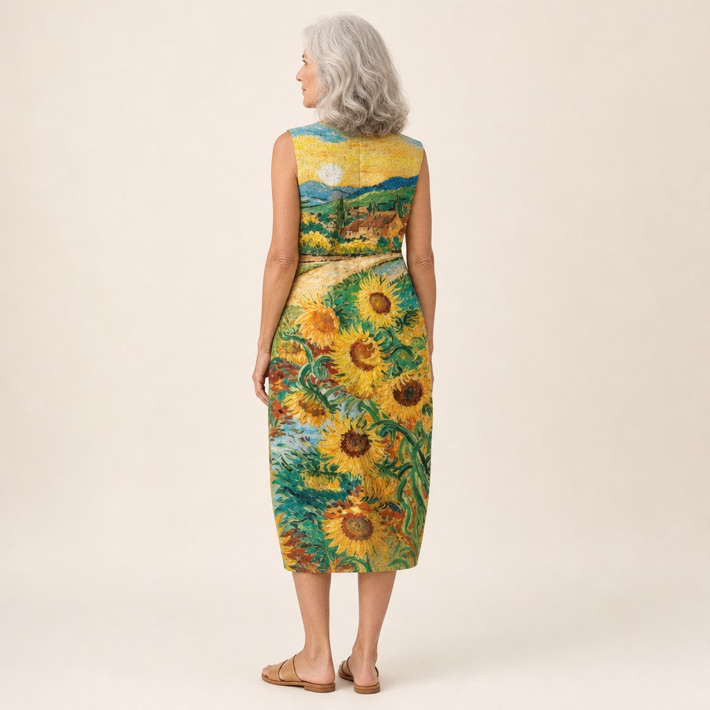 Amaya | Vestido midi sin mangas con campo de girasoles