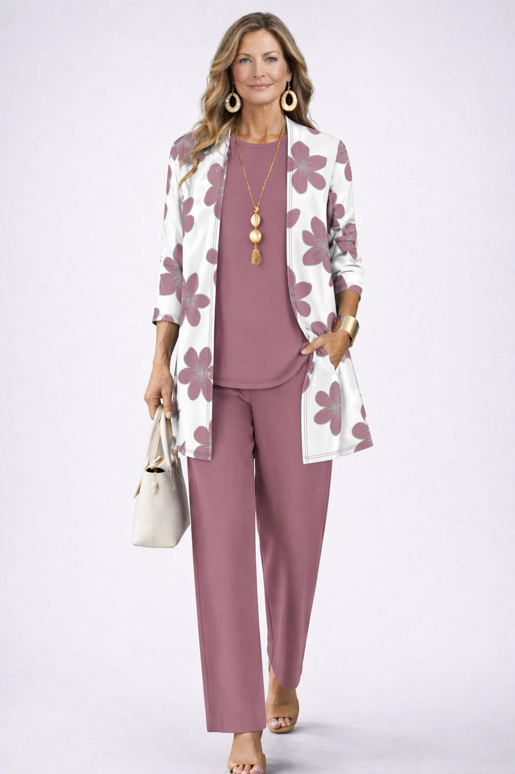 Cristina | Conjunto de tres piezas con pantalón estampado en rosa palo