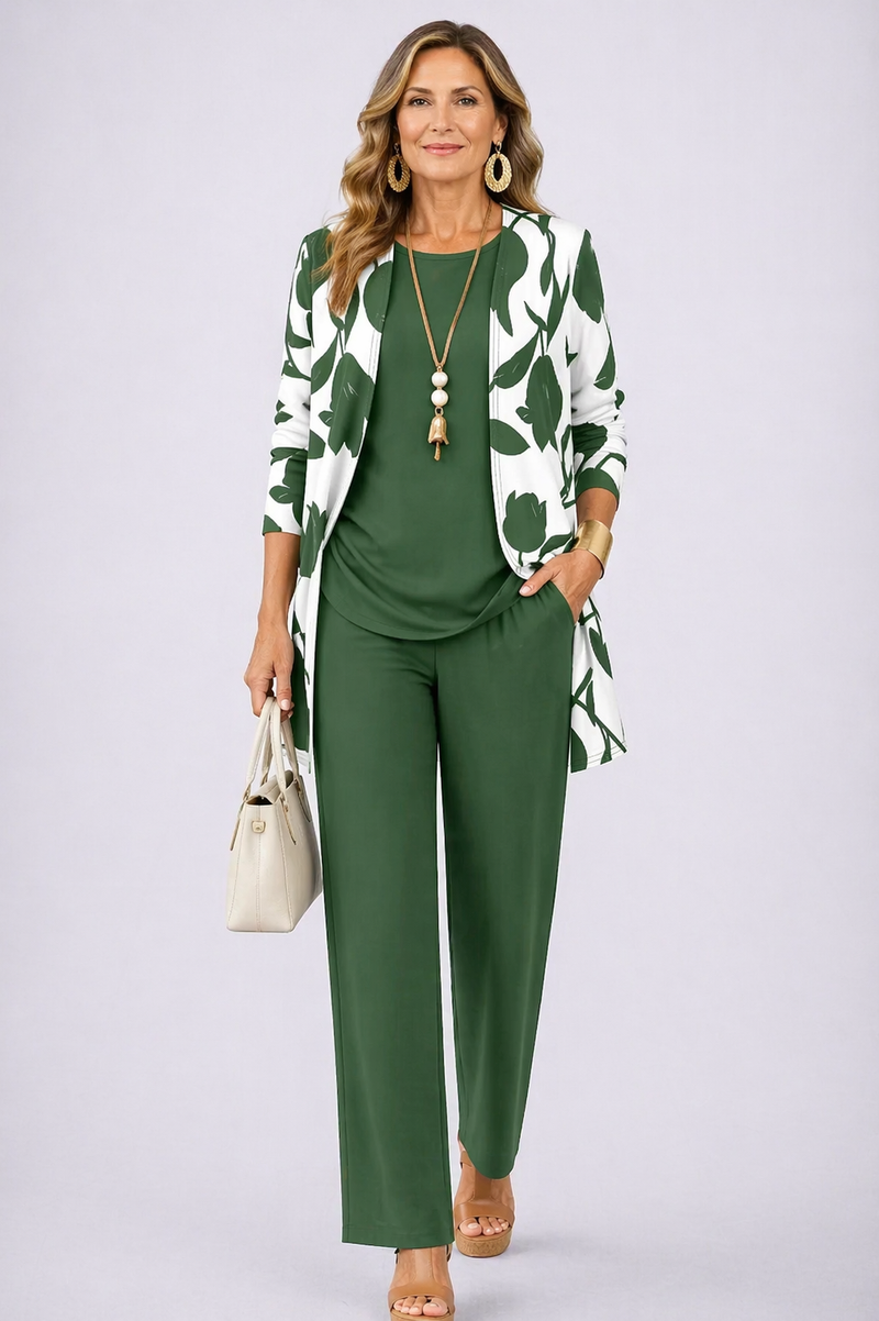Charlotte | Conjunto de tres piezas con cárdigan estampado en verde y blanco