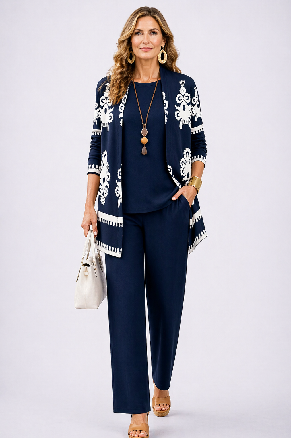 Julia | Conjunto de tres piezas con cárdigan estampado en azul marino