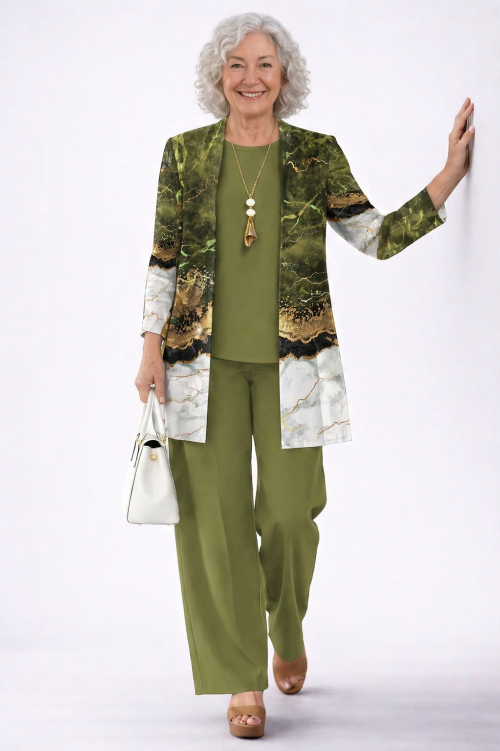 Elena | Conjunto de tres piezas con cárdigan estampado en verde oliva