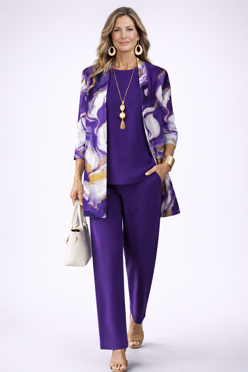 Paula | Conjunto de tres piezas con chaqueta de mármol en morado