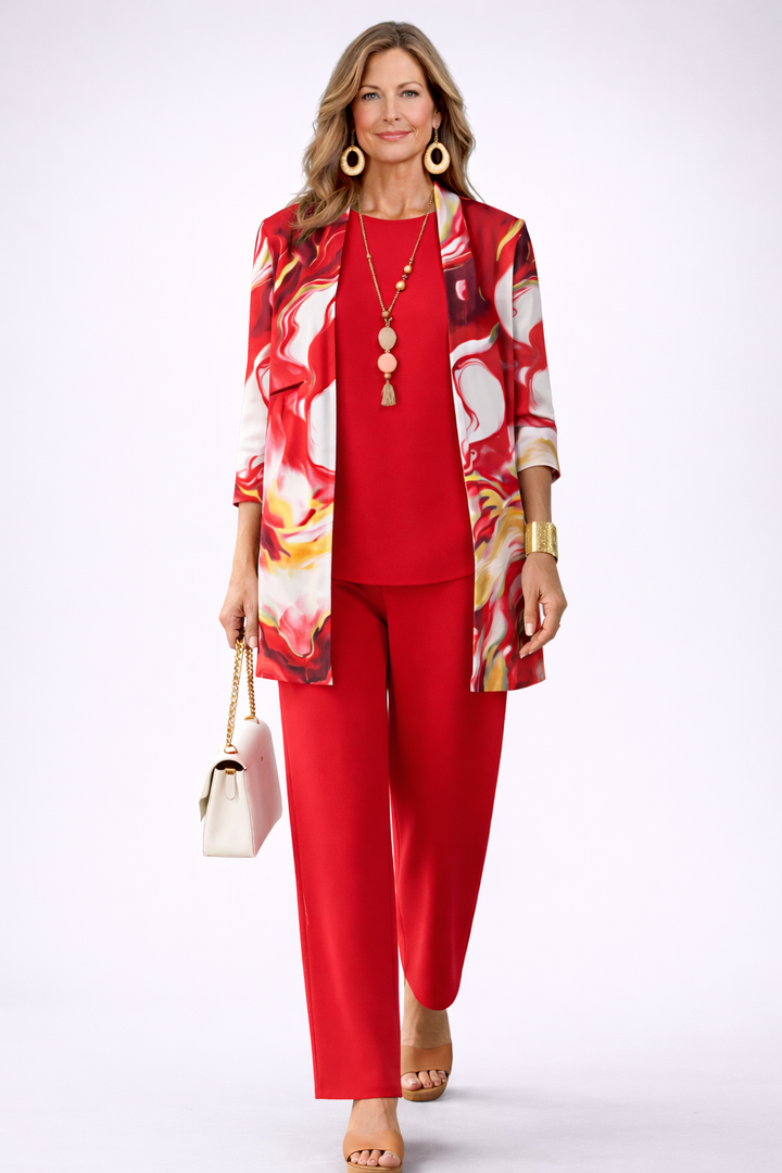 Carmen | Conjunto de tres piezas con chaqueta de mármol en rojo