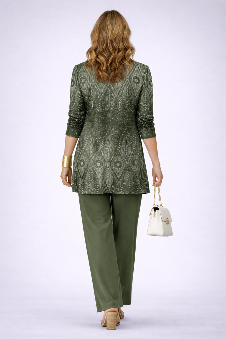 Natalia | Conjunto de tres piezas con cárdigan estampado en verde