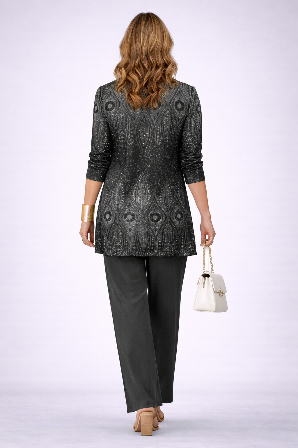 Silvia | Conjunto de tres piezas con cárdigan estampado en negro