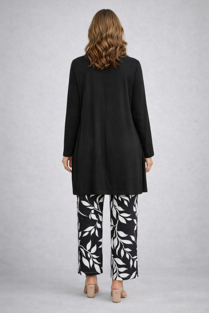 Sara | Conjunto de tres piezas con pantalón estampado en negro