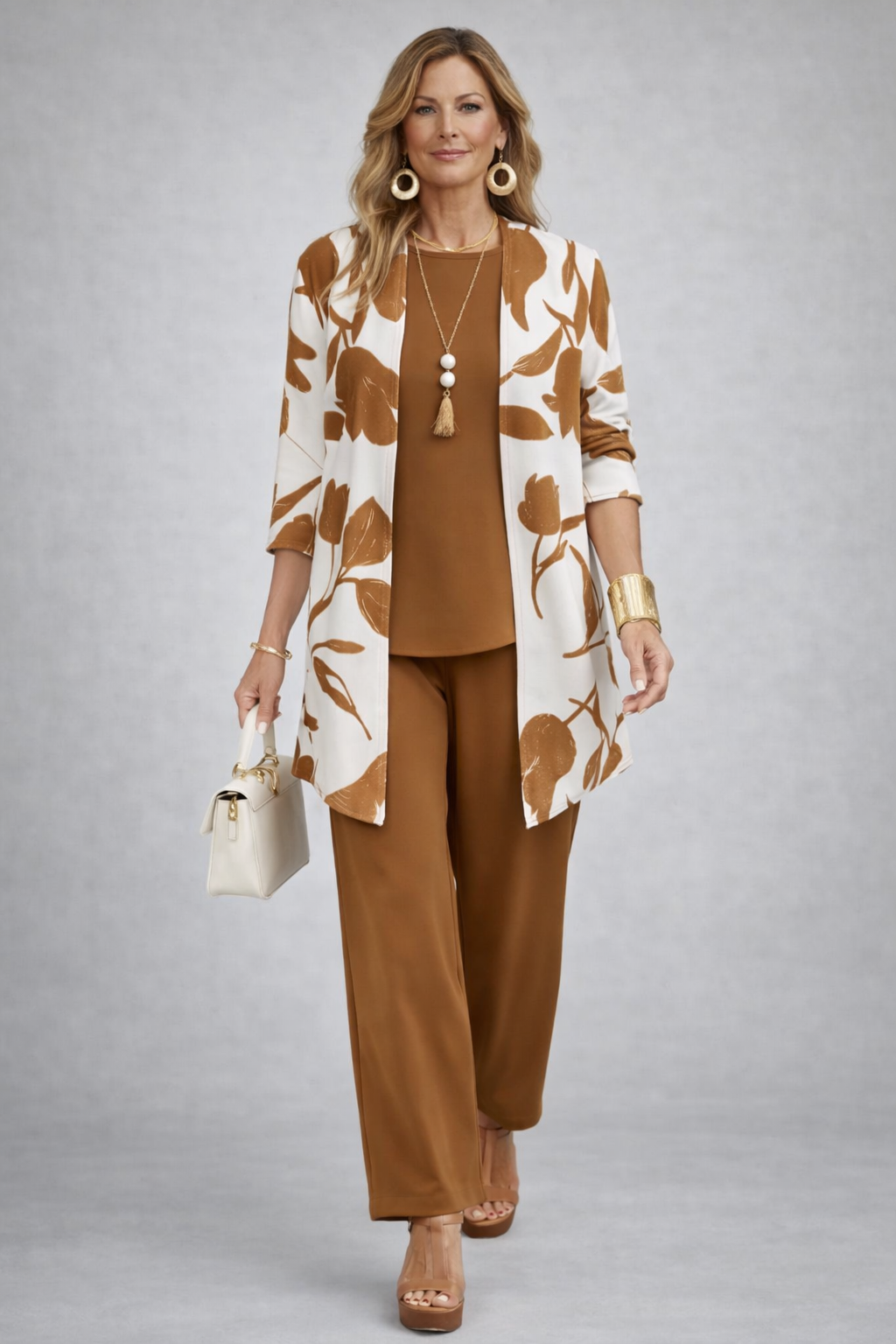 Sofía | Conjunto de tres piezas con cárdigan floral en marrón