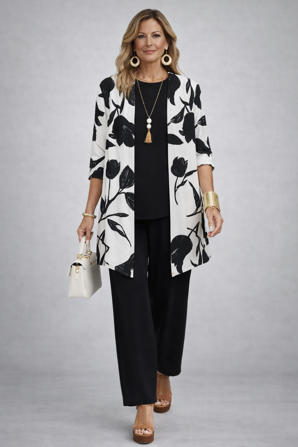 Verónica | Conjunto de tres piezas con cárdigan floral en negro