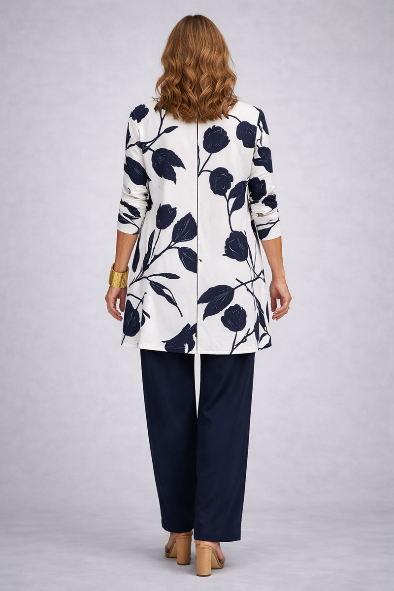 Abigail | Conjunto de tres piezas con cárdigan estampado en azul y blanco