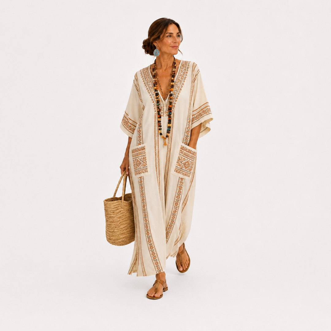 Mónica | Caftán beige con motivo étnico
