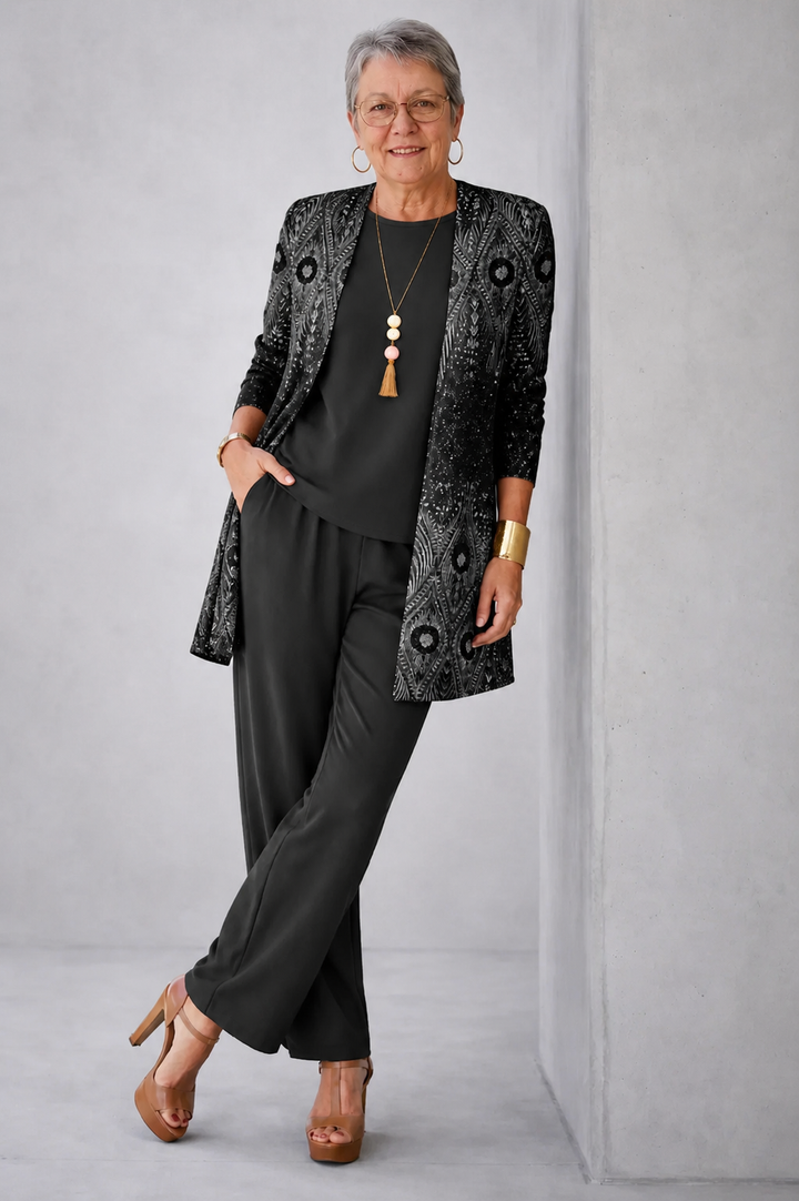 Silvia | Conjunto de tres piezas con cárdigan estampado en negro