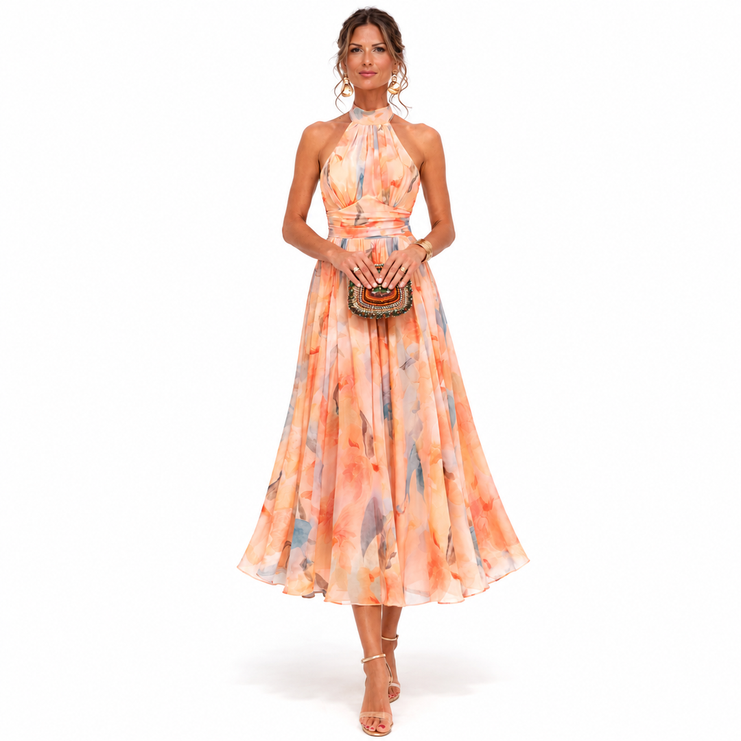 Aitana | Vestido maxi halter con estampado en acuarela
