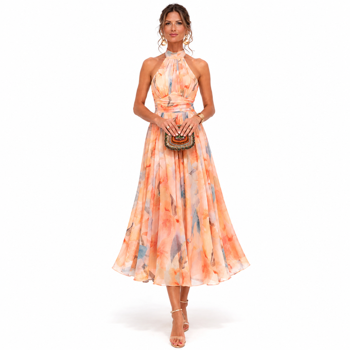 Aitana | Vestido maxi halter con estampado en acuarela