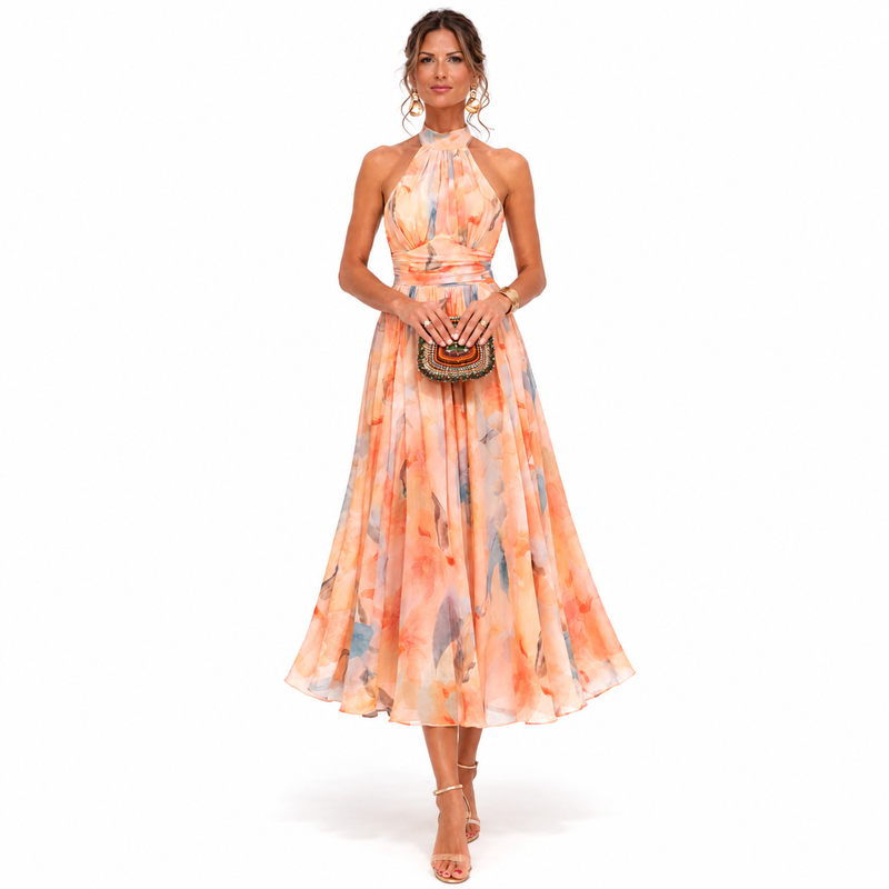 Aitana | Vestido maxi halter con estampado en acuarela