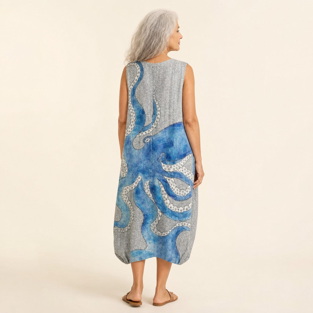Elvira | Vestido midi sin mangas con pulpo pintado sobre gris