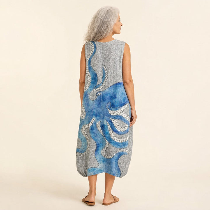 Elvira | Vestido midi sin mangas con pulpo pintado sobre gris