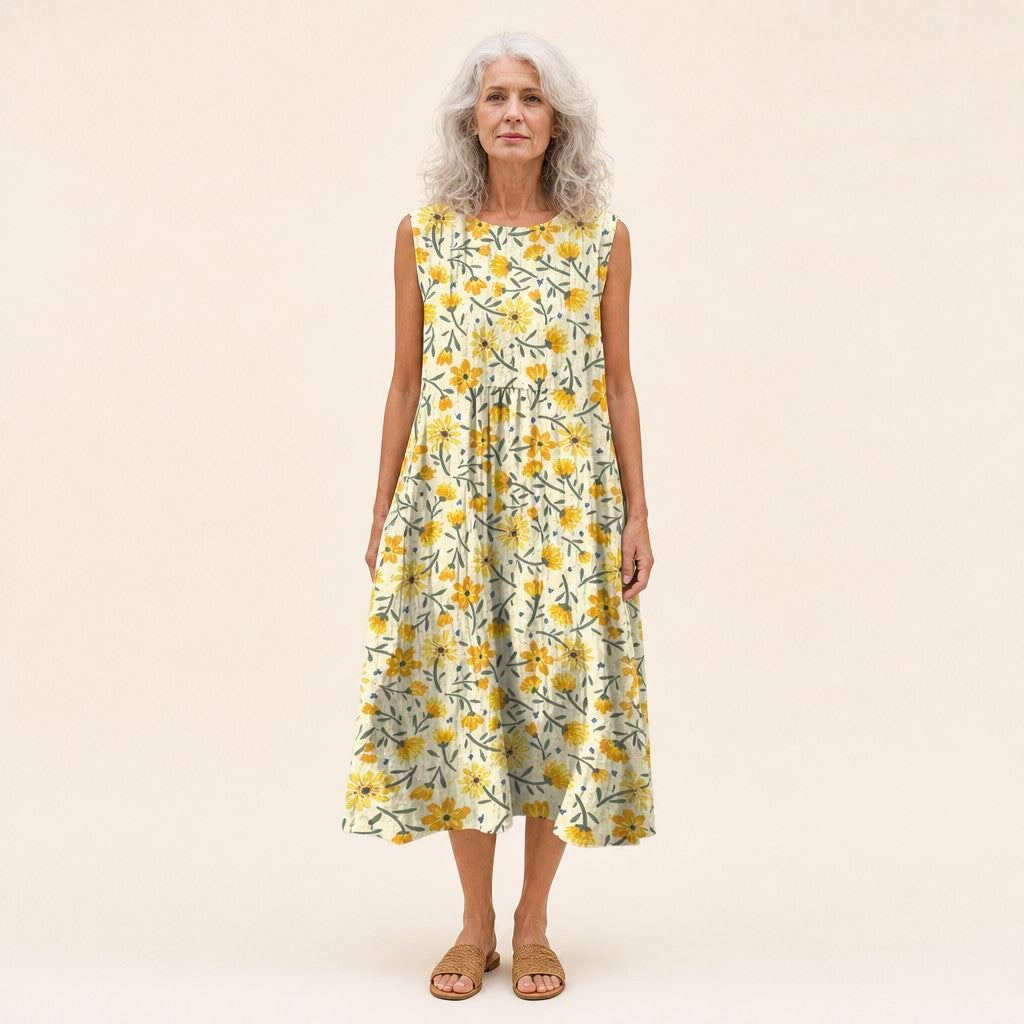 Ángela | Vestido midi sin mangas con florecillas amarillas