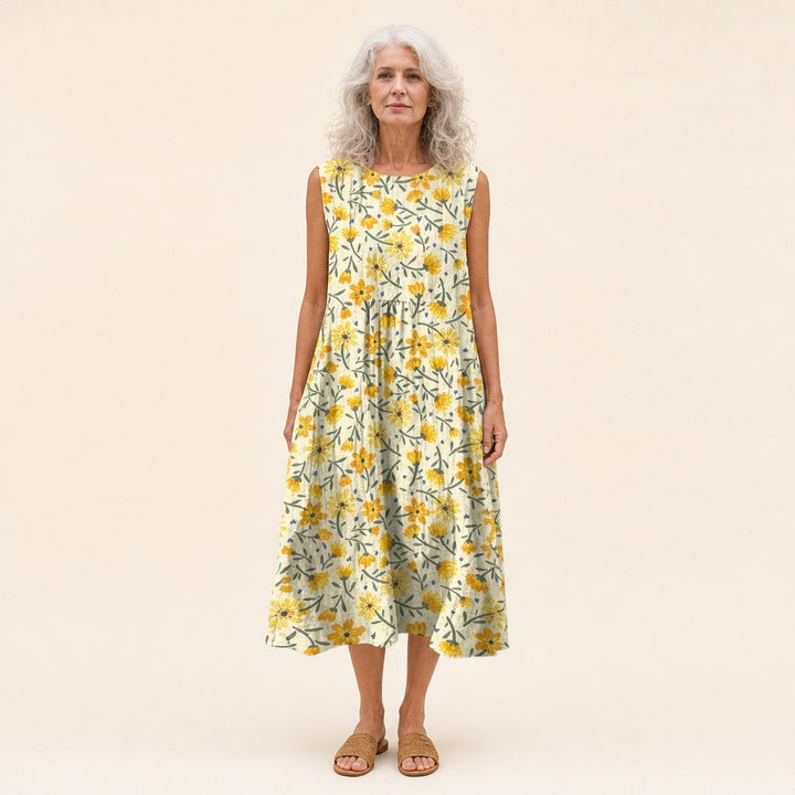 Ángela | Vestido midi sin mangas con florecillas amarillas