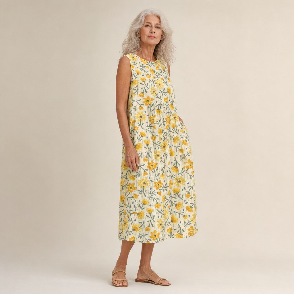 Ángela | Vestido midi sin mangas con florecillas amarillas