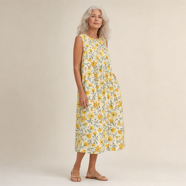 Ángela | Vestido midi sin mangas con florecillas amarillas