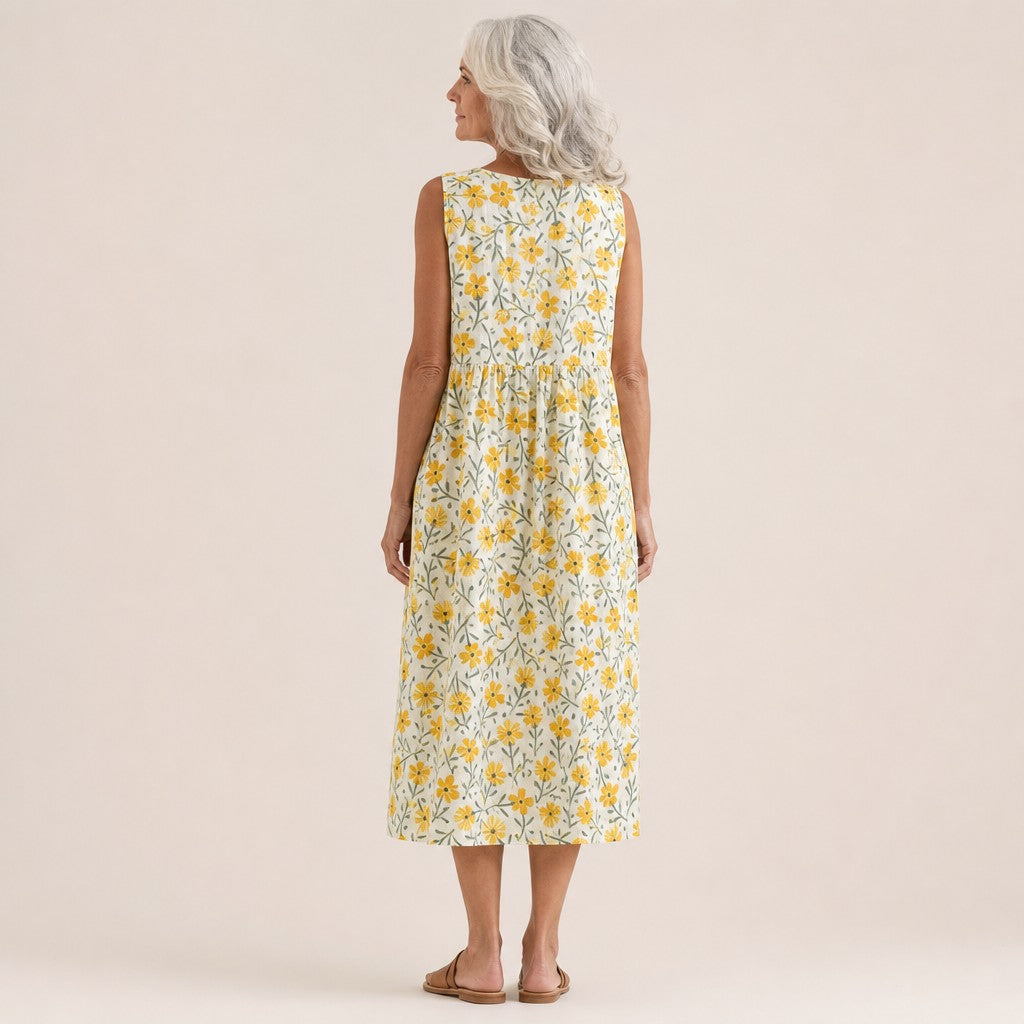 Ángela | Vestido midi sin mangas con florecillas amarillas