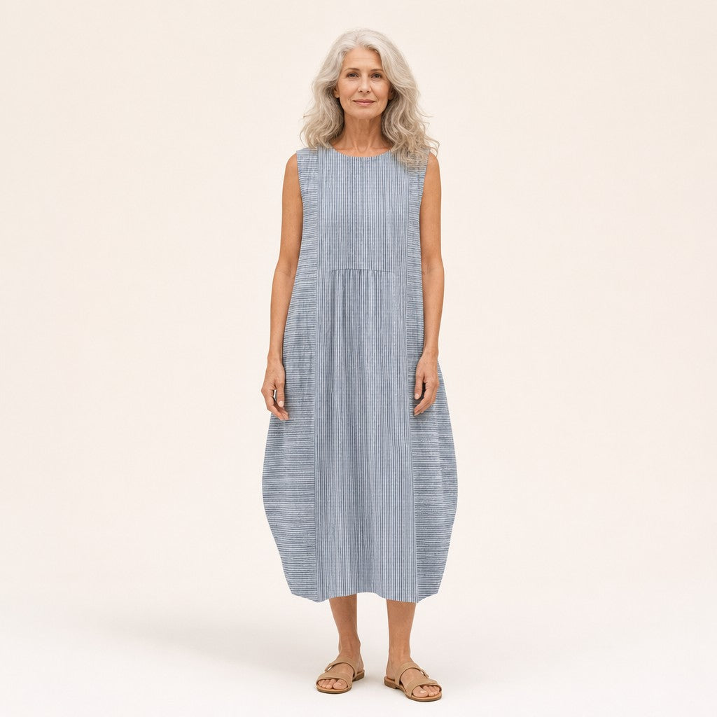 Bárbara | Vestido midi sin mangas de rayas finas azul grisáceo