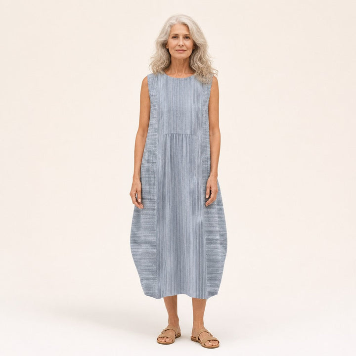 Bárbara | Vestido midi sin mangas de rayas finas azul grisáceo