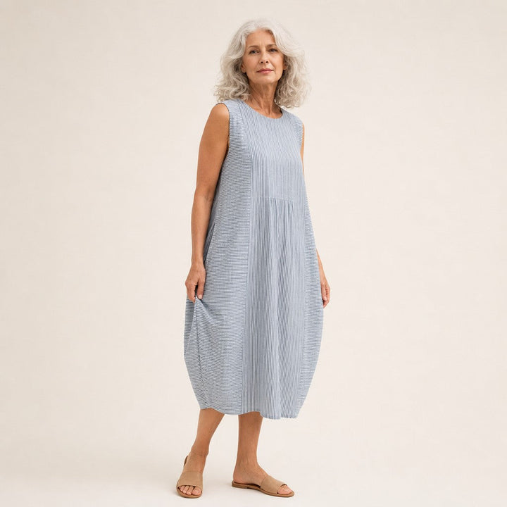 Bárbara | Vestido midi sin mangas de rayas finas azul grisáceo