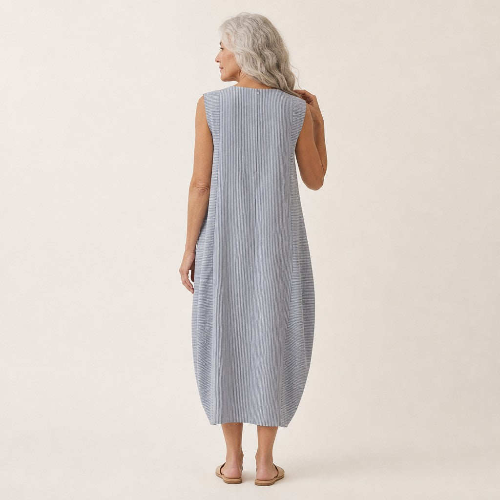 Bárbara | Vestido midi sin mangas de rayas finas azul grisáceo