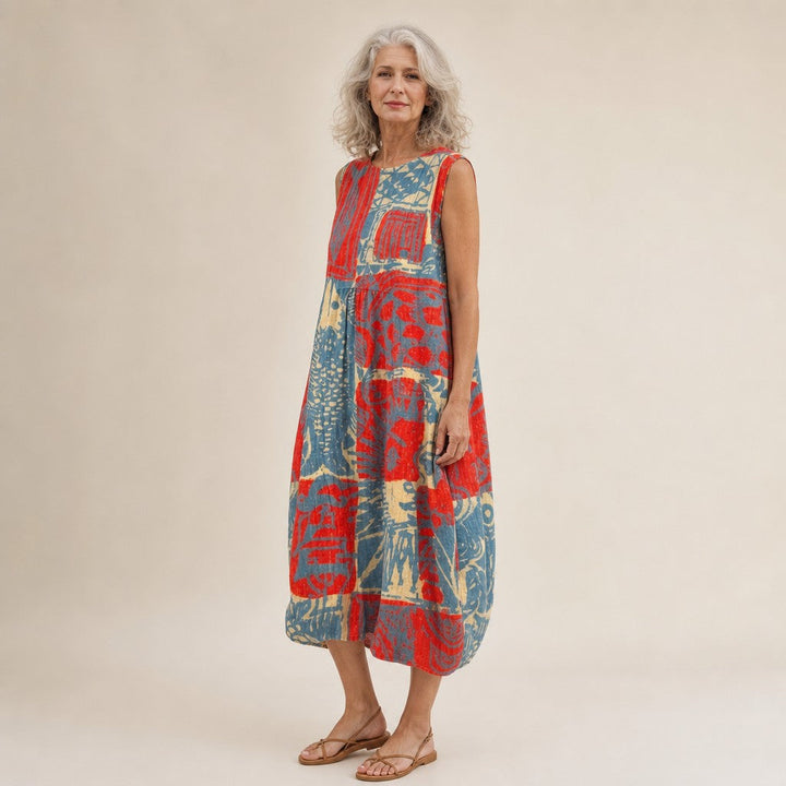 Alicia | Vestido midi sin mangas con collage abstracto