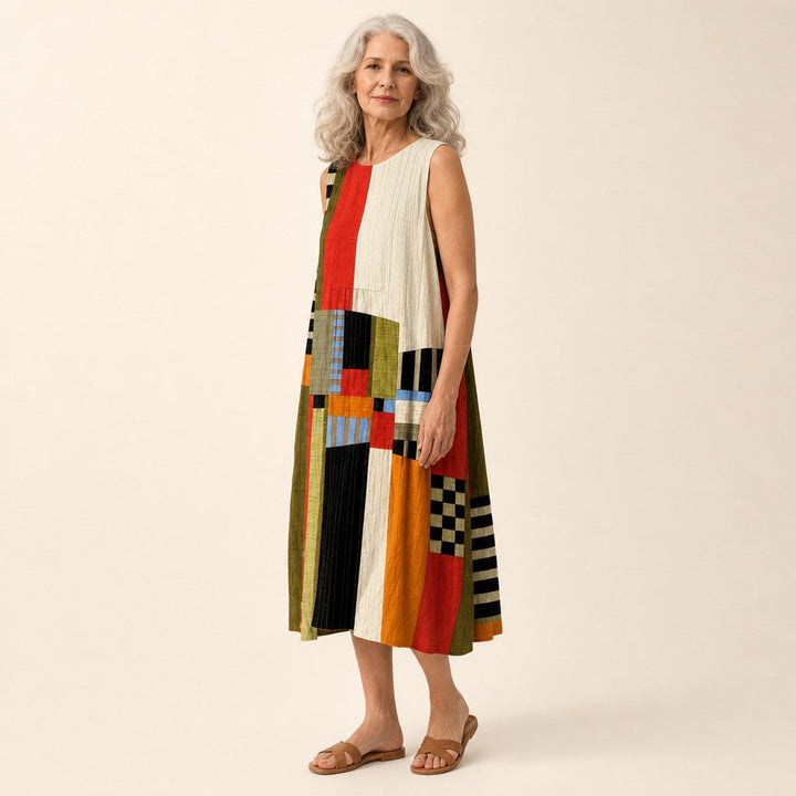 Elena | Vestido midi sin mangas con bloques de color