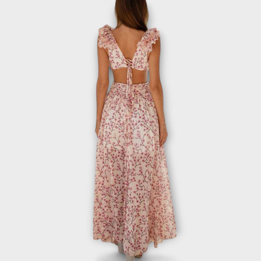 Virginia | Vestido maxi floral con volantes y aberturas