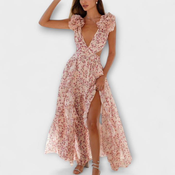 Virginia | Vestido maxi floral con volantes y aberturas