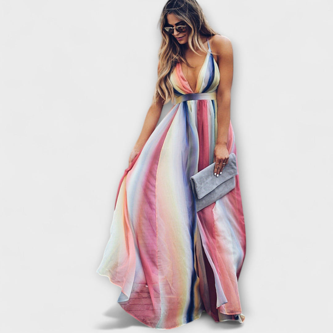 Bárbara | Vestido maxi de rayas multicolor